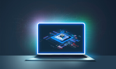A sleek laptop sits on a surface, illuminating holographic data of a microprocessor. The technology emanates a futuristic glow in a dimly lit space, highlighting innovation in computing.