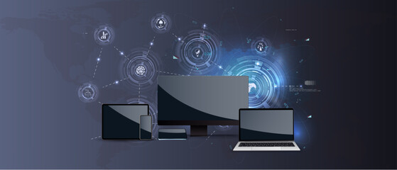 Various digital devices including a laptop, tablet, and smartphone are displayed with abstract graphics. This setup highlights advancements in technology and connectivity at a conference.