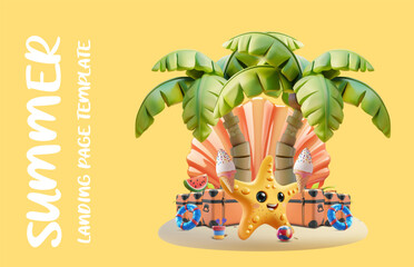 A vibrant summer display featuring a smiling starfish surrounded by palm trees, beach balls, ice cream cones, and luggage, evoking a joyful beach atmosphere perfect for summer fun.