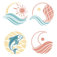 Ocean wave and sun symbols dolphin moon