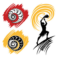 Tribal surfer catching wave with spiral designs surfing ocean