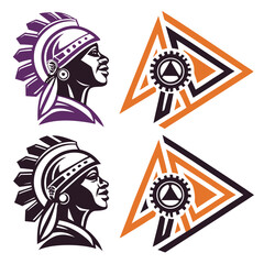 Tribal warrior profile and geometric emblem vector