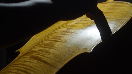 Skilled luthier meticulously polishing varnished cello surface, highlighting precision woodworking...