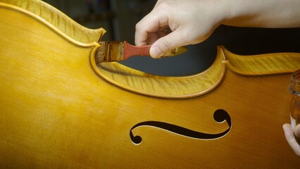 Skilled luthier carefully applying dark varnish to wooden cello body, using traditional brush and...