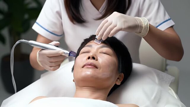 Serene Woman Receiving Hydrafacial Treatment on White Towel Demonstrating Skincare and Beauty Procedures