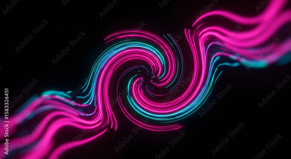 Poster abstract swirl of pink and blue neon light trails against a dark background, creating a dynamic and 