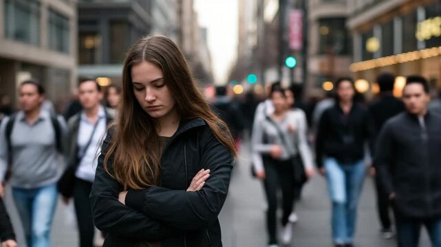 Woman feeling sadness on street with many people walking around her