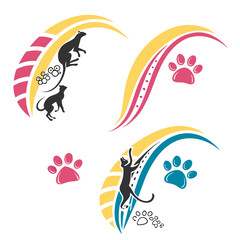 Playful cats and paw prints with colorful arcs kitten