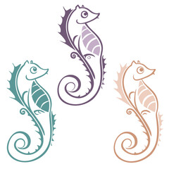Playful seahorse icons in purple teal and tan marine life