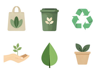 Collection of eco-friendly icons featuring a tote bag, trash can, recycling symbol, hand holding plant, leaf, and potted plant.