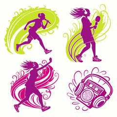 Purple figures singing dancing headphones boombox icons