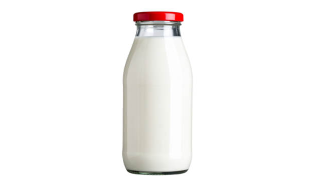 Clear Glass Milk Bottle with Red Lid on Transparent Backdrop

