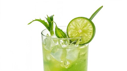 Fototapeta premium Refreshing aloe beverage served with lime on a plain white surface