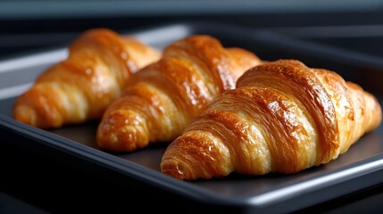 Freshly baked golden croissants on a baking tray