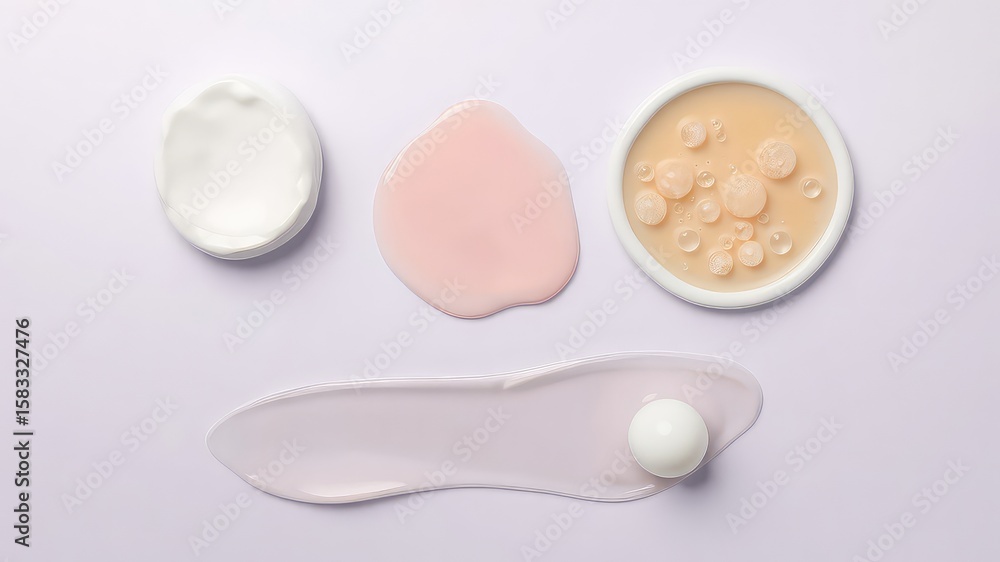 Poster cosmetic textures of various consistencies on a pastel background, demonstrating different product f