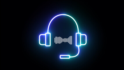 Gloqing blue neon music audio waveform spectrum with microphone sign. audio visualizer beat sound frequency on black background.