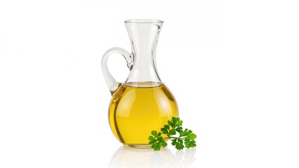 Clear glass container filled with olive oil accompanied by parsley leaves on a plain white backdrop, ideal for marketing and restaurant menus.