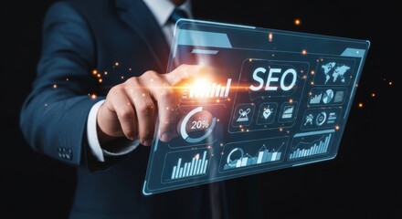 Close-up of businessman interacting with futuristic holographic SEO dashboard, showing analytics, ranking, traffic metrics, and marketing data for online optimization