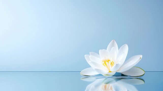 Peaceful white water lily floating on a calm water surface with its reflection, isolated on a blue background