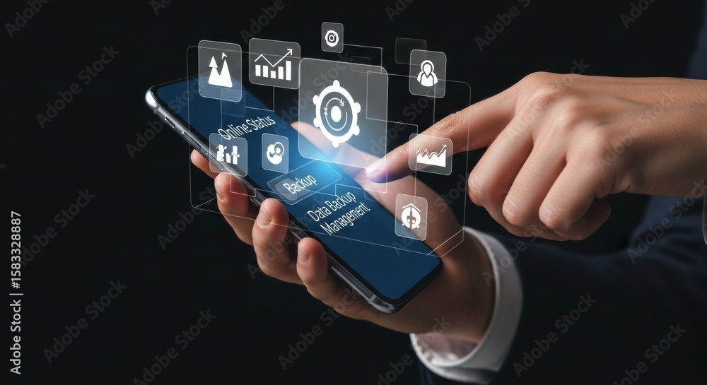 Poster hand of businessman using futuristic smartphone screen with holographic interface for online data st