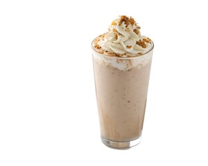 Whole gingerbread cookie shake in glass topped with cream and cookie crumbs on white background