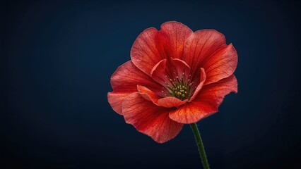 Obraz premium Geranium blossom on a vivid blue canvas featuring colors of orange, red, salmon, and pink.