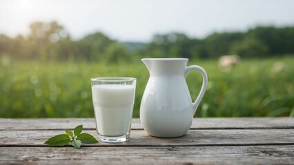Grey table outdoors holding a jug and glass of fresh milk