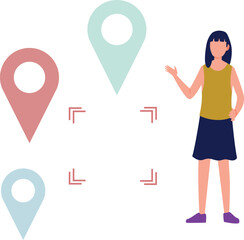 Girl presents geolocation with pins.