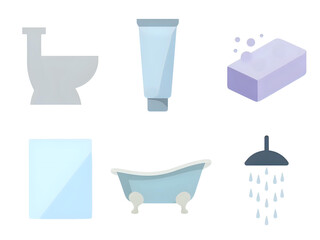 Flat design icons depicting various bathroom essentials, including a toilet, lotion, sponge, mirror, bathtub, and showerhead.