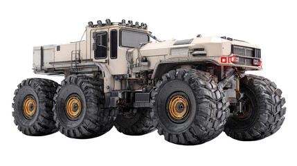 Obraz premium 3D render of off-road construction truck with rugged tires isolated on a Transparent background, PNG file.