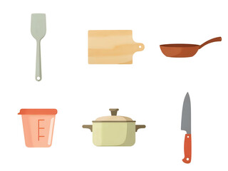 Flat design icons of various kitchen utensils, including a spatula, cutting board, frying pan, measuring cup, pot, and knife.
