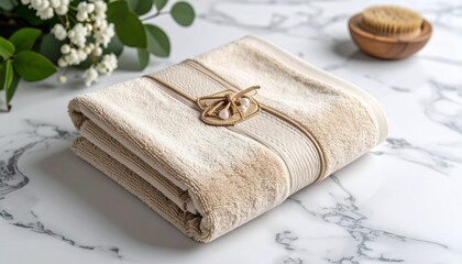 Beige Folded Towel with Embroidered Patch on Marble Background