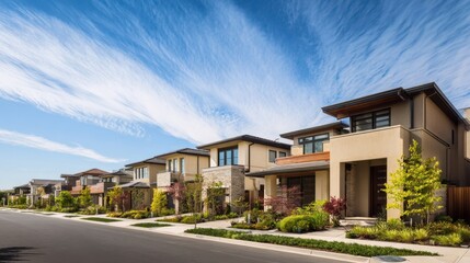 The modern residential neighborhood showcasing beautifully designed homes against a stunning sky.