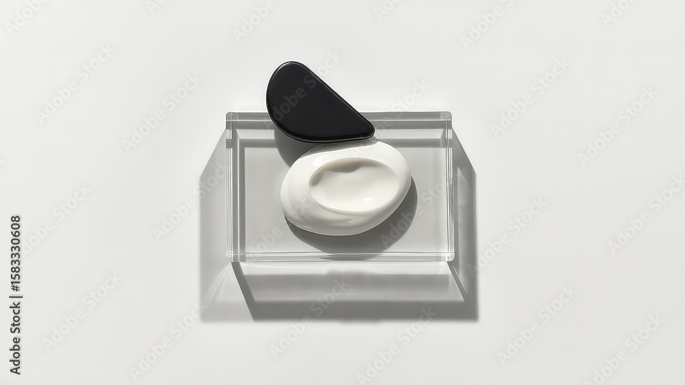 Poster minimalist scene showing a glossy black tool and a blob of white cream on a glass display box