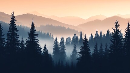 Serene forest view at dawn with misty mountains.