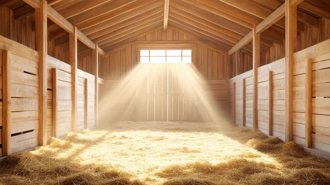 Golden hay fills a horse stable, illuminated by bright sunlight streaming through a window