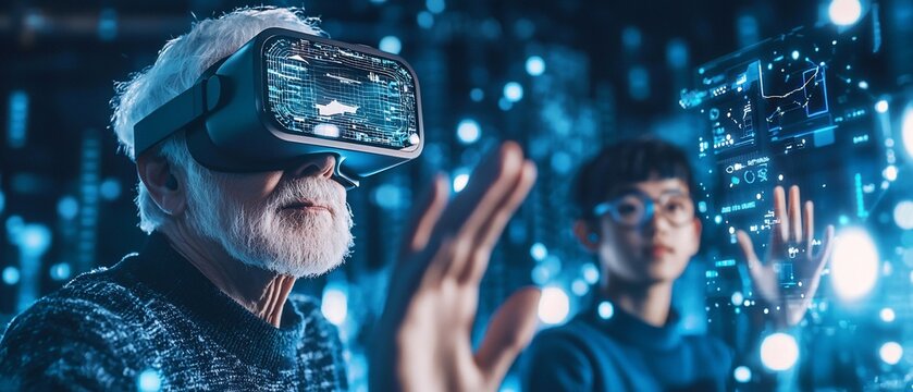 Elderly Man Experiencing Virtual Reality with Futuristic Digital Interface
