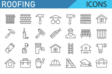 A diverse collection of roofing icons, featuring tools, helmets, ladders, and construction-related elements in a minimalistic black and white design. Ideal for construction, building, and home improve