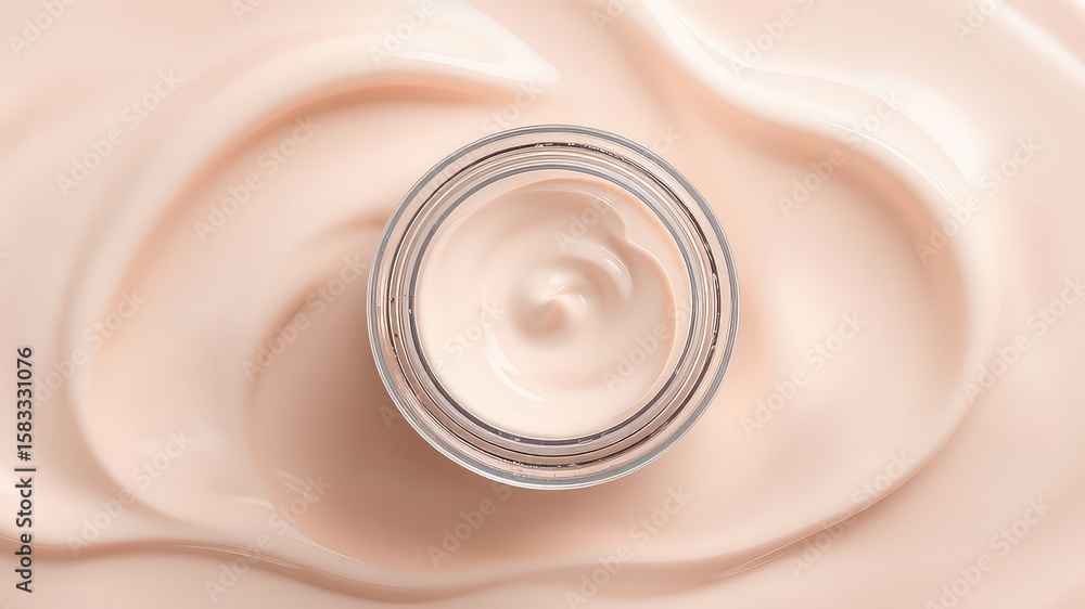 Poster top view of a clear jar of a luxurious smooth light cream with swirling cream background texture