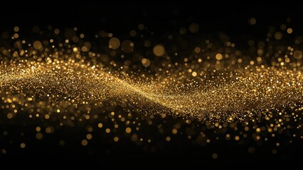 Abstract golden glitter lights floating on a black background