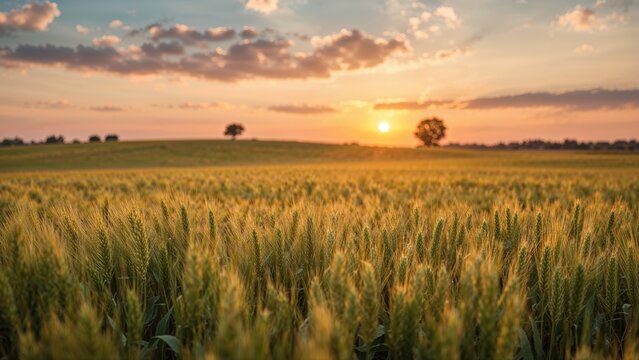 Enchanting image of agricultural fields glowing with sunrise