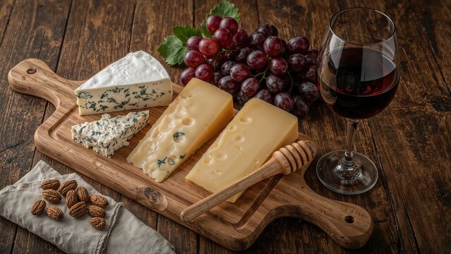 Assorted cheeses with a glass of red wine and grapes displayed on a wooden board, showcasing blue Stilton, Red Leicester, Brie, and honey alongside a knife. - Powered by Adobe