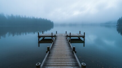 Naklejka premium Serene Foggy Lake With Wooden Pier Invites Peaceful Reflection