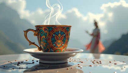 Surreal Coffee Cup with Ethereal Steam and Mystical Figure