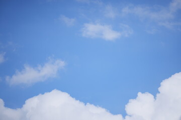 Bright blue sky with soft white clouds scattered across a clear day, evoking a sense of peace and...