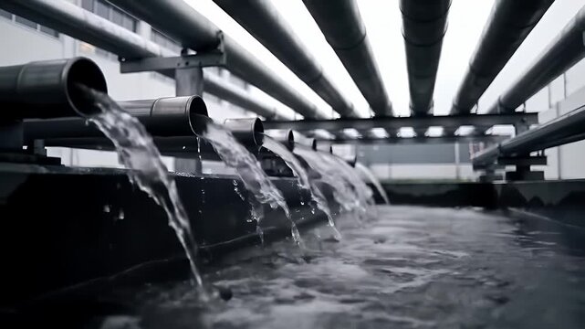 Water Flowing from Black Pipes into Dark Container an Industrial Scene Showcasing Liquid Movement and Fluid Dynamics from Eye Level Angle