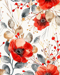 Watercolor Red Floral Background with Copy Space, Flower Graphic Design for Invitations