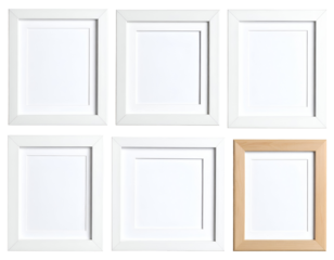 An assortment of clean, empty picture frames with white inserts ready for customization.