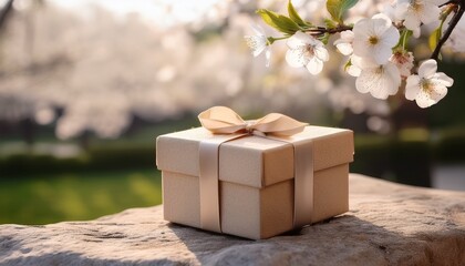 elegant beige stone gift box outdoors spring blossoms perfect for special occasions
