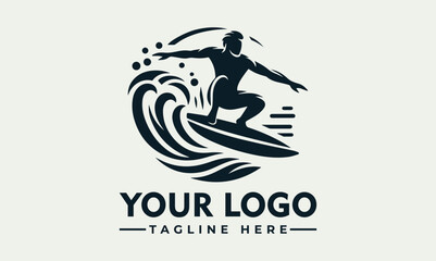 Silhouette of a surfer riding a wave, logo design with text below.